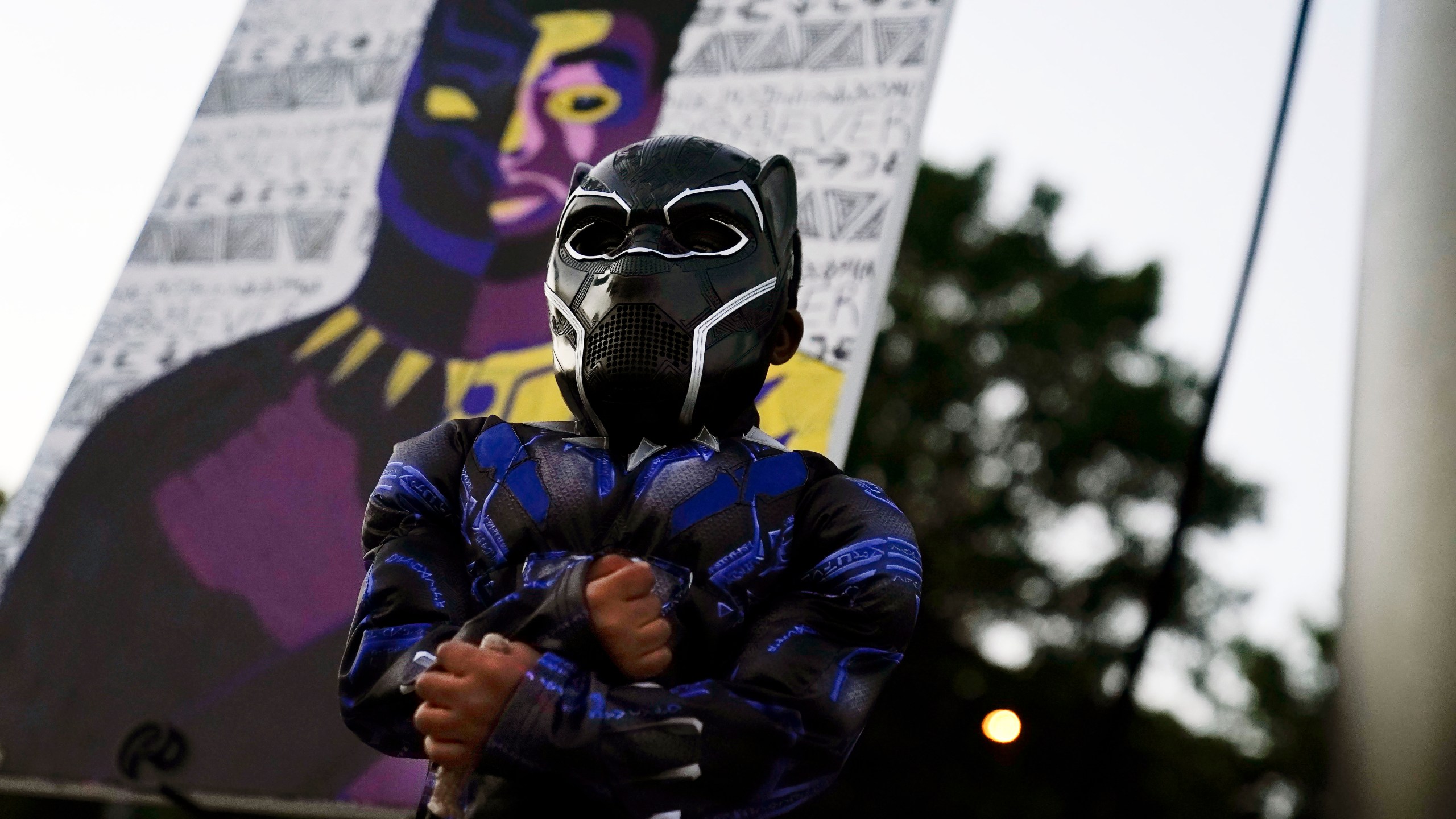 Mason Wilkes, 4, of South Carolina, poses for his father in a Black Panther costume, in front of a painting during a Chadwick Boseman Tribute on Thursday, Sept. 3, 2020, in Anderson, S.C. (AP Photo/Brynn Anderson)