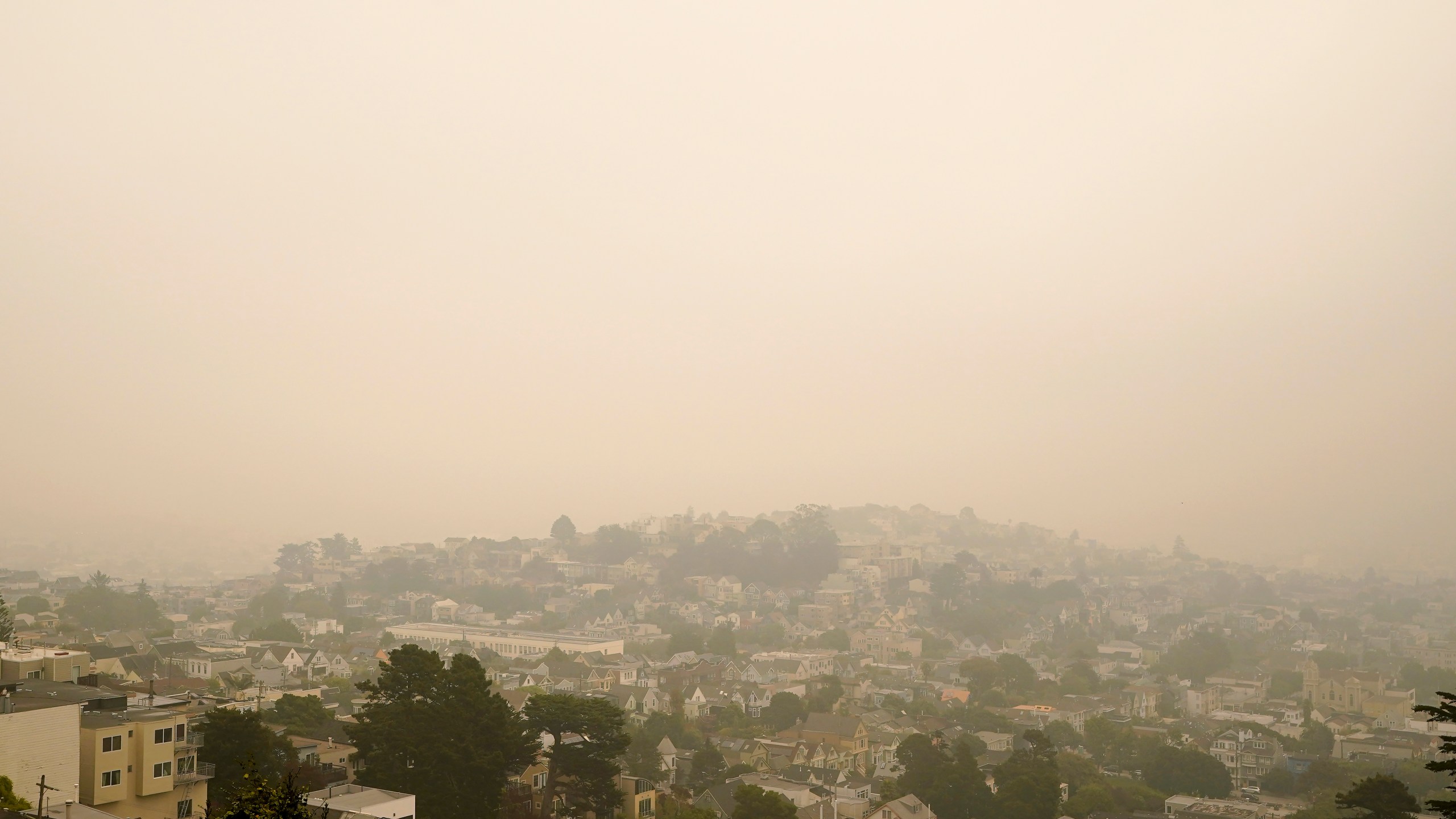 Smoke and haze from wildfires hovers over San Francisco, Thursday morning, Sept. 10, 2020. (AP Photo/Jeff Chiu)