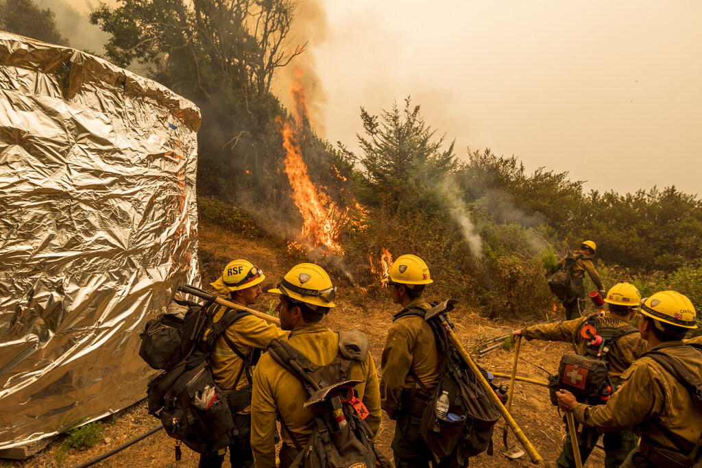 Firefighters from Vandenberg Air Force Base monitor a controlled burn to help slow the Dolan Fire at Limekiln State Park in Big Sur, Calif,. Friday, Sept. 11, 2020. (AP Photo/Nic Coury)