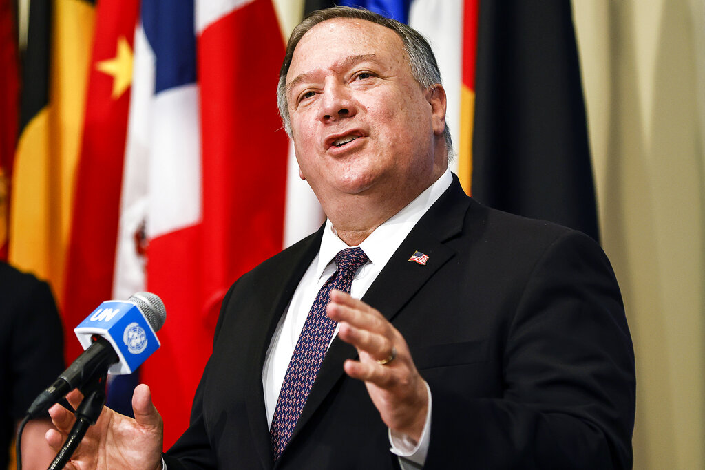 In this Thursday, Aug. 20, 2020 file photo, Secretary of State Mike Pompeo speaks to reporters following a meeting with members of the U.N. Security Council, at the United Nations. (Mike Segar/Pool via AP, File)