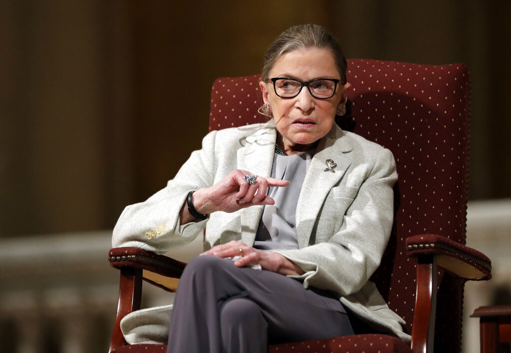 Supreme Court Justice Ruth Bader Ginsburg speaks at Stanford University in California on Feb. 6, 2017. (Marcio Jose Sanchez / Associated Press)