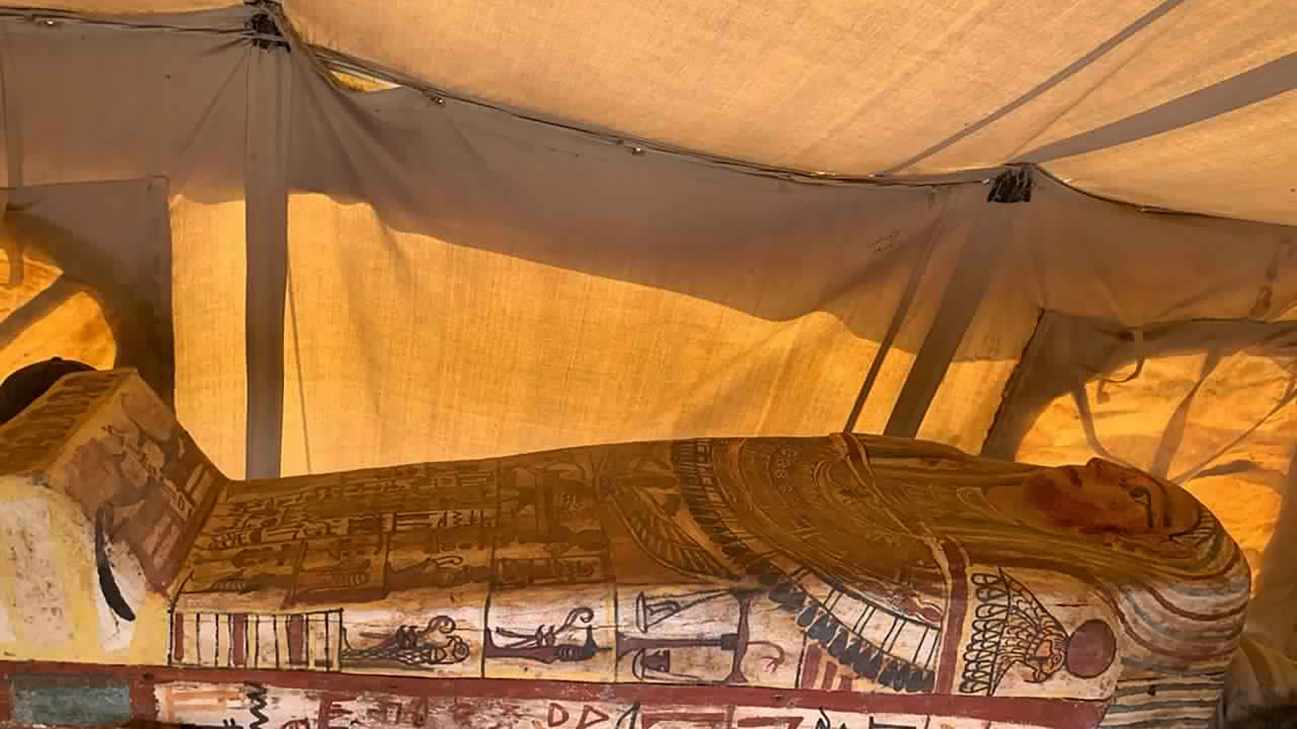 This September 2020 photo provided by the Ministry of Tourism and Antiquities shows one of more than two dozen ancient coffins unearthed near the famed Step Pyramid of Djoser in Saqqara, south of Cairo, Egypt. (Ministry of Tourism and Antiquities via AP)