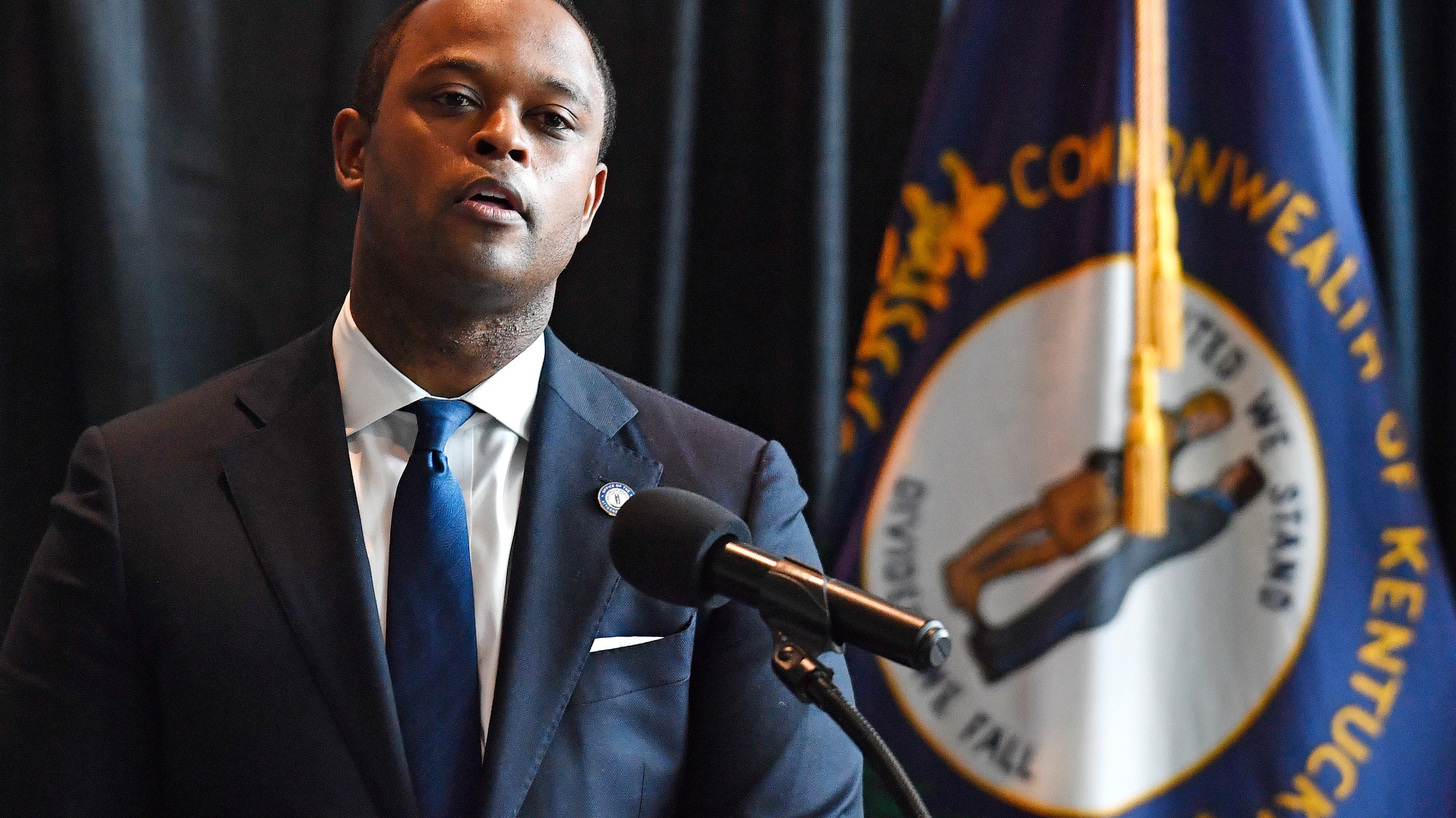 Kentucky Attorney General Daniel Cameron addresses reporters following the return of a grand jury investigation into the death of Breonna Taylor, in Frankfort, Ky., on Sept. 23, 2020. (AP Photo/Timothy D. Easley)