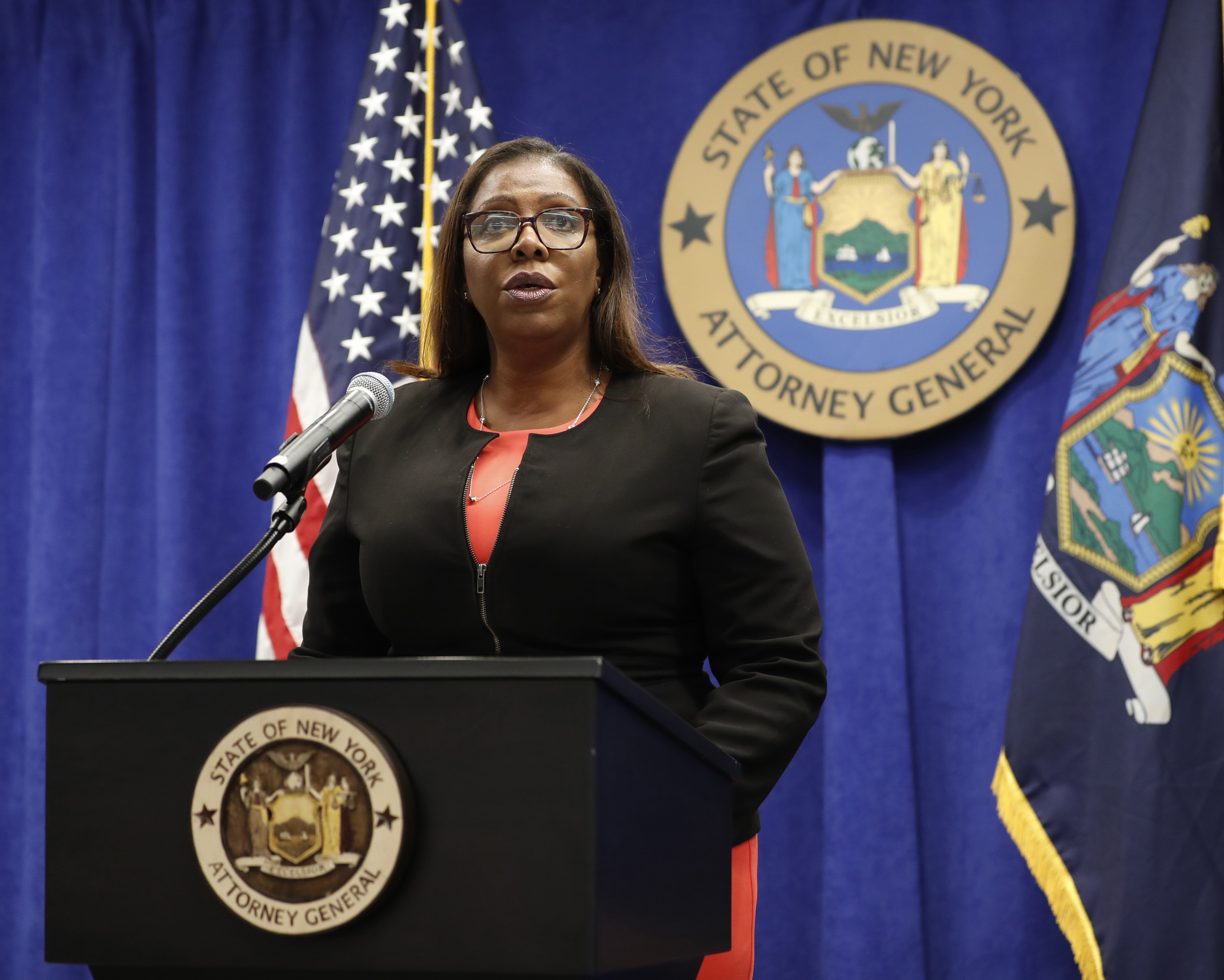 In this Aug. 6, 2020 file photo, New York State Attorney General Letitia James addresses the media during a news conference in New York. On Sept. 25, 2020, James recommended the New York Police Department get out of the business of routine traffic enforcement, a radical change that she said would prevent encounters like one the year before in the Bronx borough of New York that escalated quickly and ended with an officer fatally shooting a motorist. (AP Photo/Kathy Willens, File)