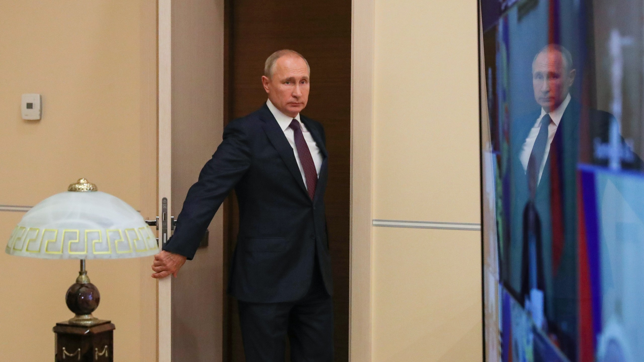 Russian President Vladimir Putin arrives for a meeting with members of the Security Council via teleconference call at the Novo-Ogaryovo state residence, outside Moscow on Sept. 4, 2020. (MIKHAIL KLIMENTYEV/Sputnik/AFP via Getty Images)