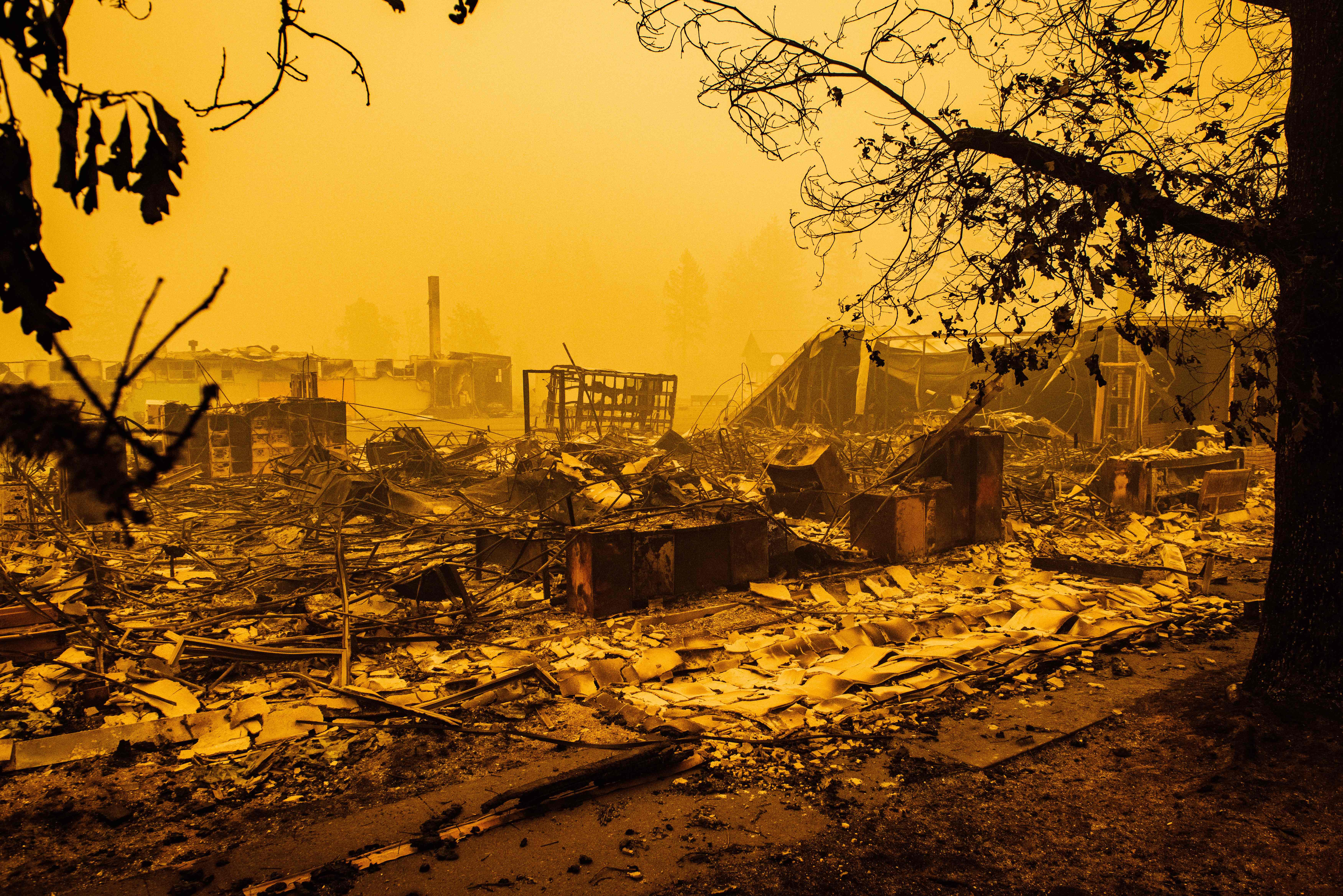 The charred remains of the Gates Elementary School, which was being used as a staging ground by firefighters, are seen after the passage of the Santiam Fire in Gates, Oregon, on Sept. 10, 2020. (Kathryn Elsesser / AFP / Getty Images)