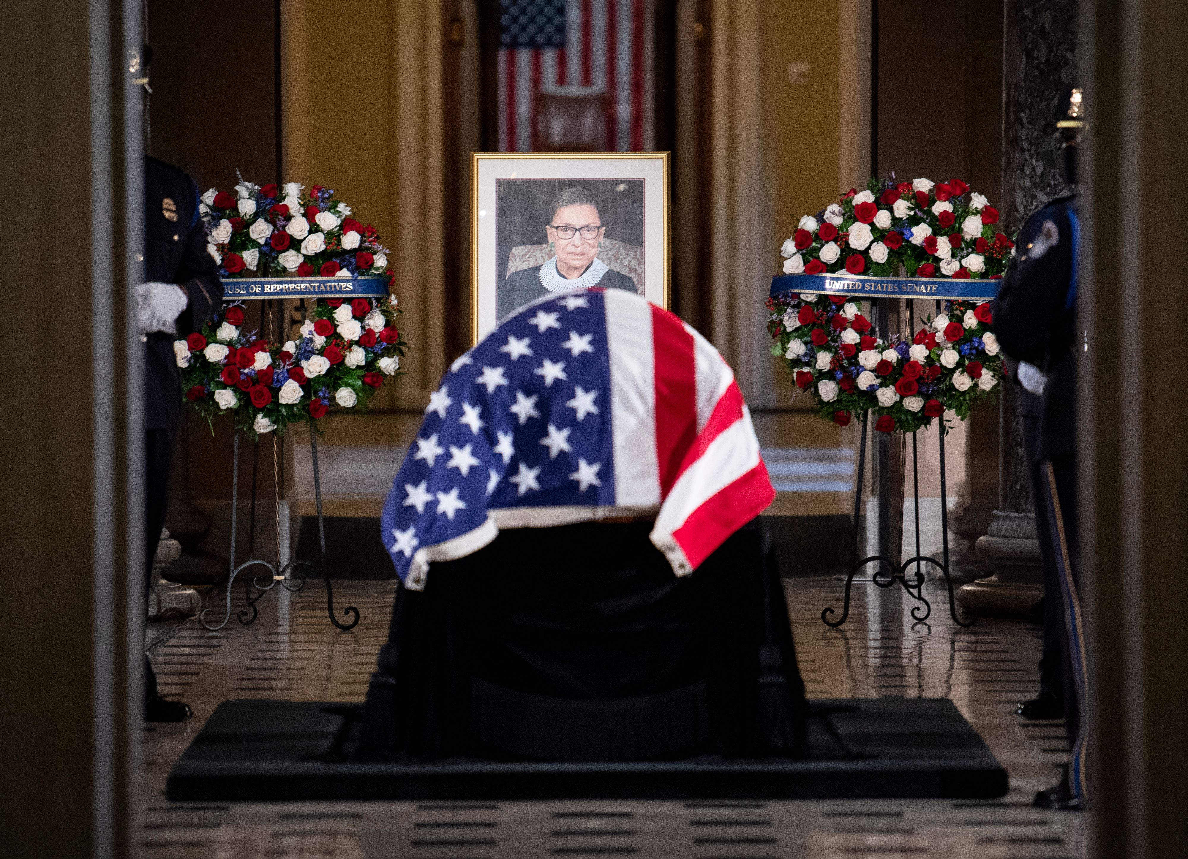 The remains of US Supreme Court Justice Ruth Bader Ginsburg lie in state at the US Capitol in Washington, DC, on September 25, 2020. (CAROLINE BREHMAN/POOL/AFP via Getty Images)