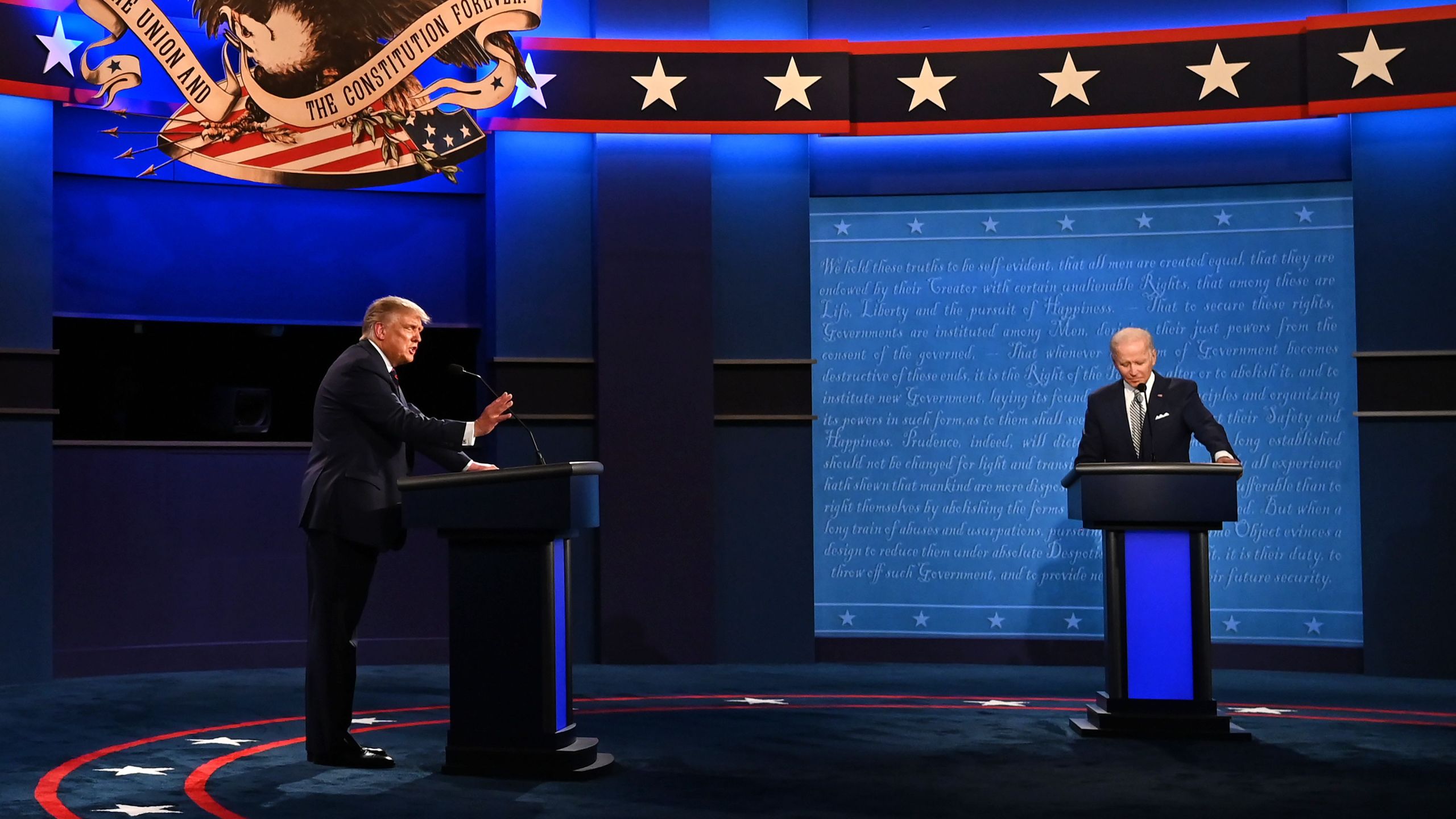 President Donald Trump and former Vice President Joe Biden exchange arguments during the first presidential debate at the Case Western Reserve University and Cleveland Clinic in Cleveland, Ohio on Sept. 29, 2020. (JIM WATSON/AFP via Getty Images)