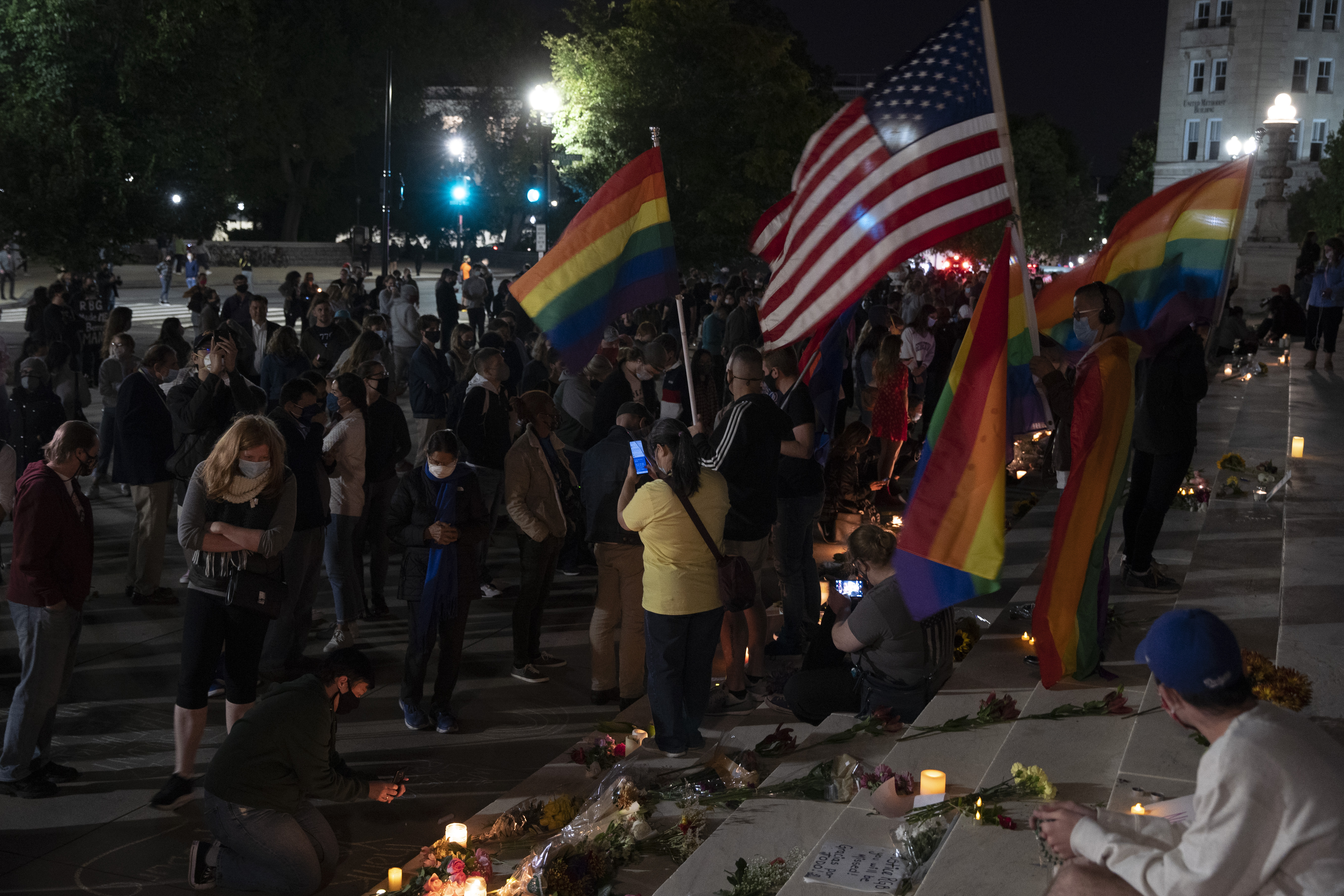 People gather to mourn the passing of Supreme Court Justice Ruth Bader Ginsburg at the steps in front of the Supreme Court on Sept. 18, 2020 in Washington, D.C. (Tasos Katopodis/Getty Images)