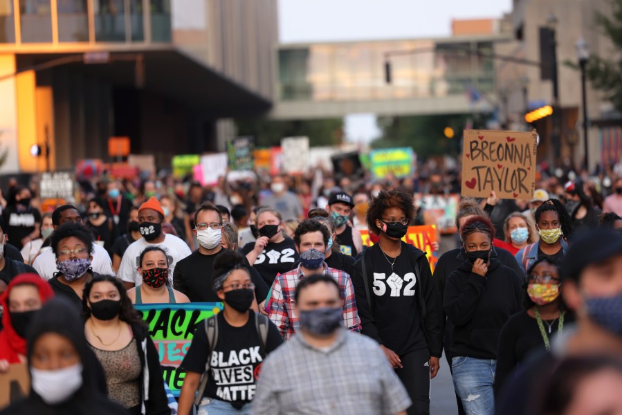 People march for the third day since the release of the grand jury report on the death of Breonna Taylor on Sept. 26, 2020 in Louisville, Kentucky. (Michael M. Santiago/Getty Images)