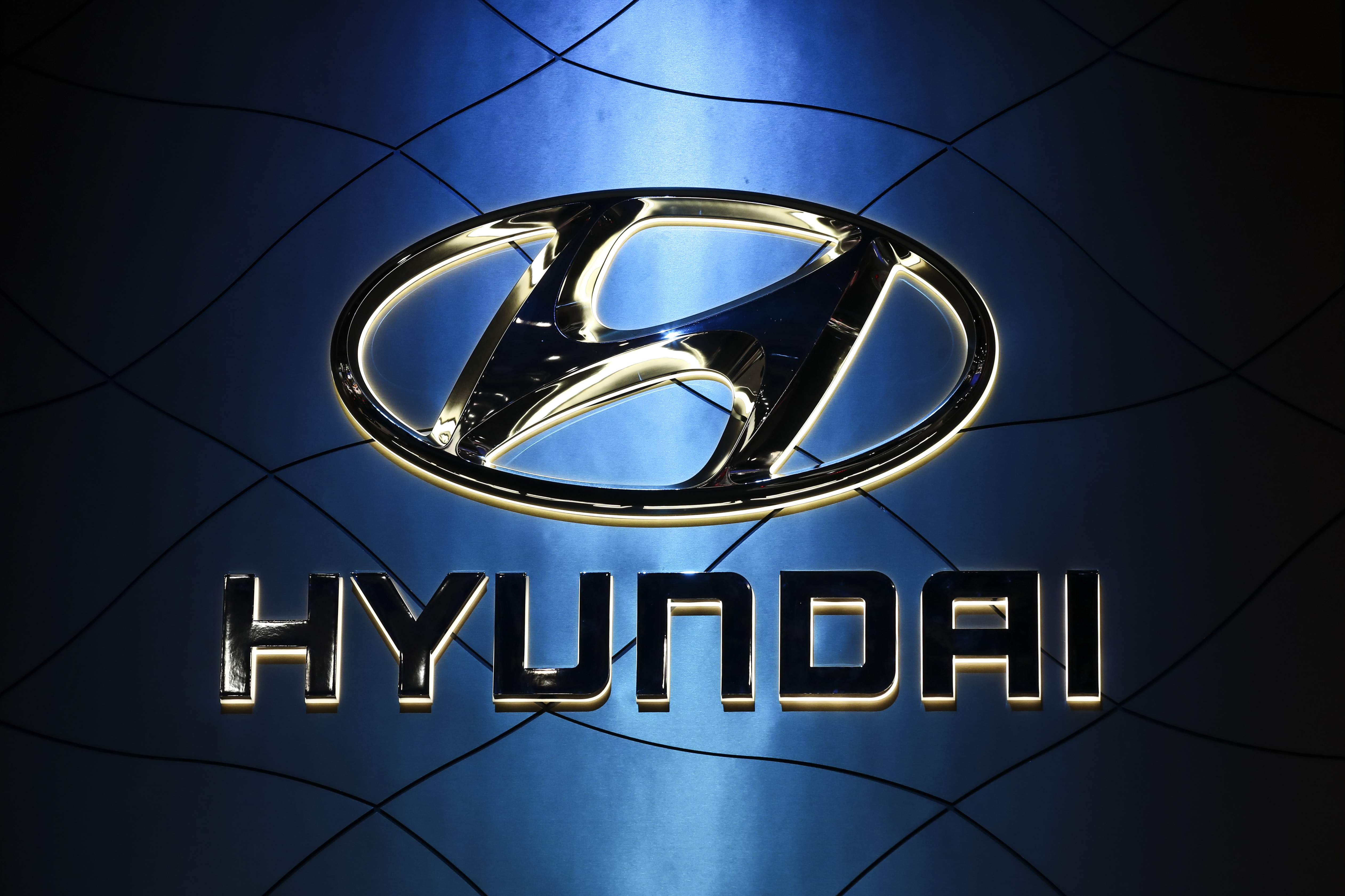 The Hyundai logo is displayed at the New York International Auto Show on March 28, 2018, at the Jacob K. Javits Convention Center in New York City. (Drew Angerer / Getty Images)