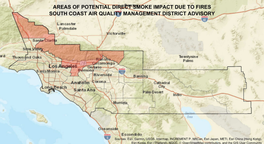 A map from the South Coast Air Quality Management District shows the areas predicted to be affected by smoke from the Bobcat Fire in the Angeles National Forest on Sept. 7, 2020.