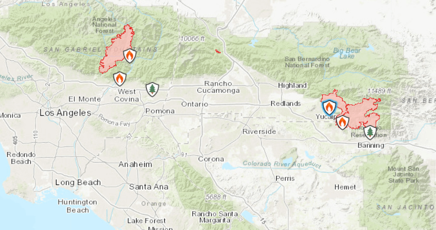 A map from InciWeb shows where the Bobcat and El Dorado Fires are burning on Sept. 12, 2020, just above the Ranch2 and Apple fires that previously erupted.