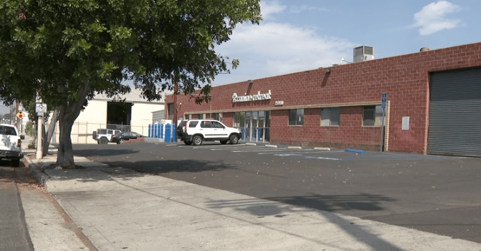 The outside of a building where three people were stabbed by a disgruntled former employee is shown on Sept. 18, 2020. (KTLA)