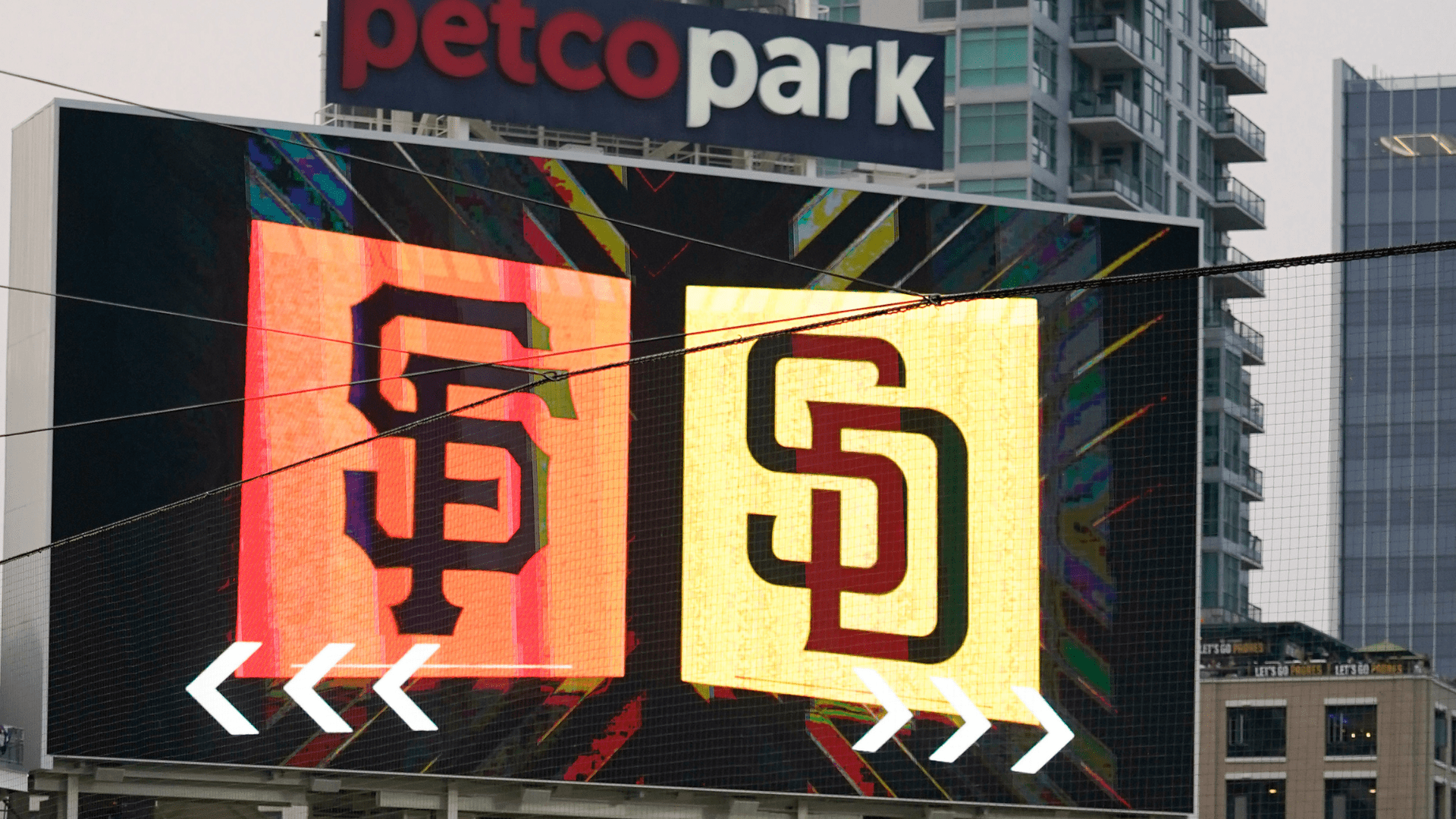 Signs for the San Diego Padres and San Francisco Giants are seen at Petco Park in San Diego on Friday, Sept. 11, 2020, in San Diego. (AP Photo/Gregory Bull)