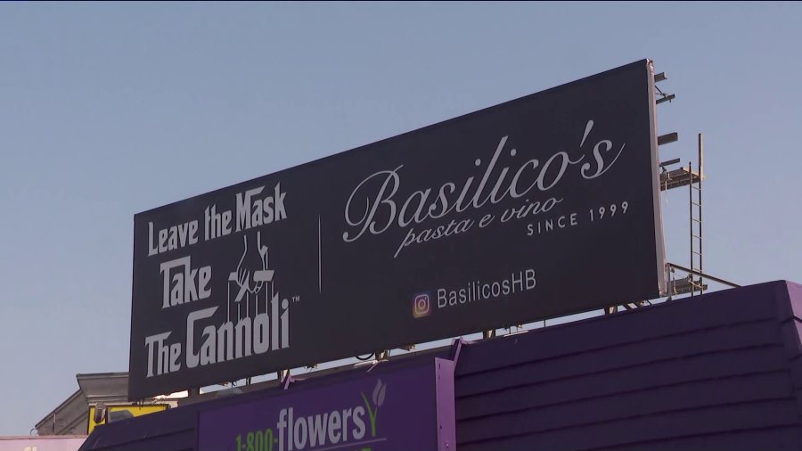 Basilico’s Pasta e Vino''s sign in Beverly Grove is seen on Sept. 28, 2020. (KTLA)