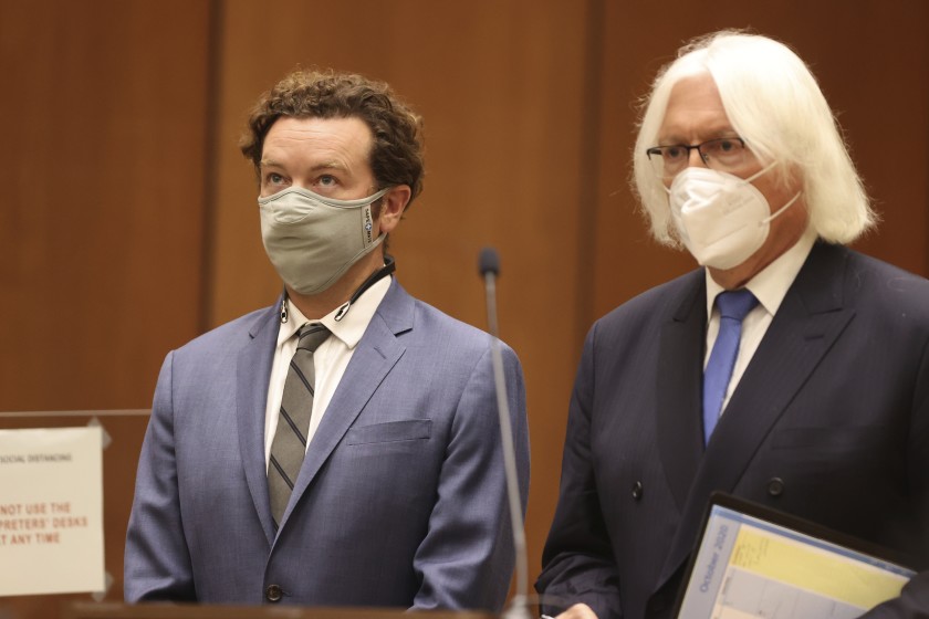 Actor Danny Masterson, left, with his attorney, Tom Mesereau, appears in Los Angeles County Superior Court on Sept. 18, 2020. (Lucy Nicholson / Getty Images)