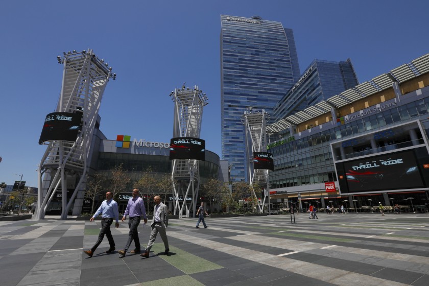 An undated photo shows two hotels at L.A. Live in downtown L.A. that did not take part in Project Roomkey. (Francine Orr / Los Angeles Times)