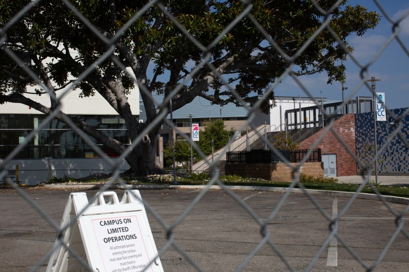 A sign reads "campus on limited operations" at L.A. City College in 2020. (Gabriella Angotti-Jones / Los Angeles Times)