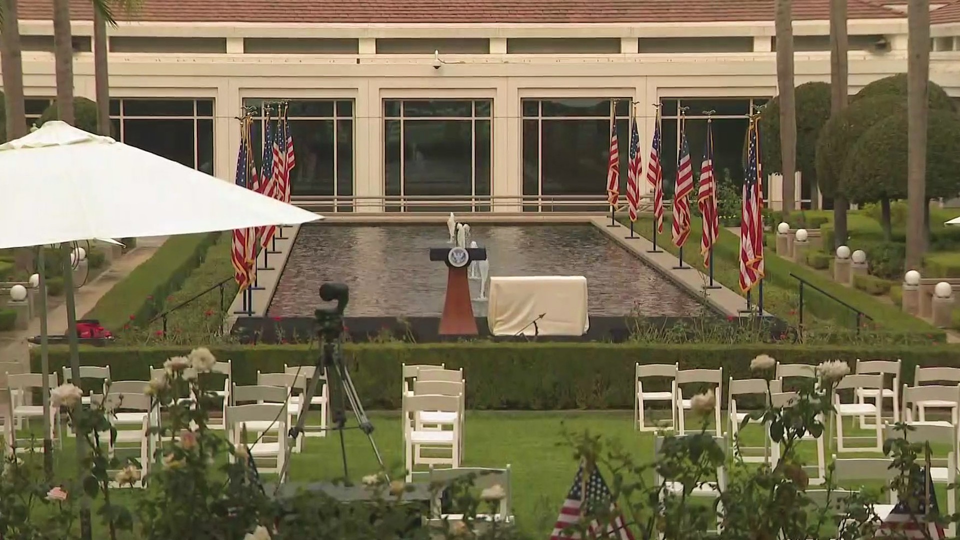 Preparations are made for a 9/11 ceremony at the Richard Nixon Presidential Library and Museum on Sept. 11, 2020. (KTLA)