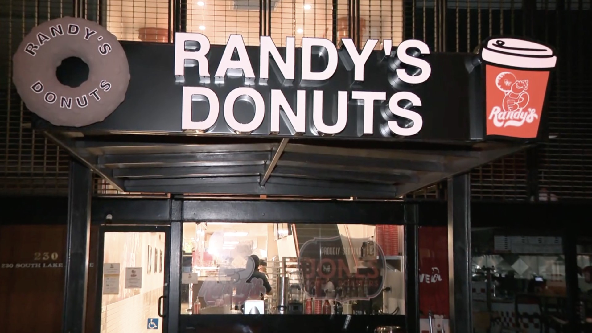 The Randy's Donuts sign outside the new Pasadena location is seen on Sept. 2, 2020. (KTLA)