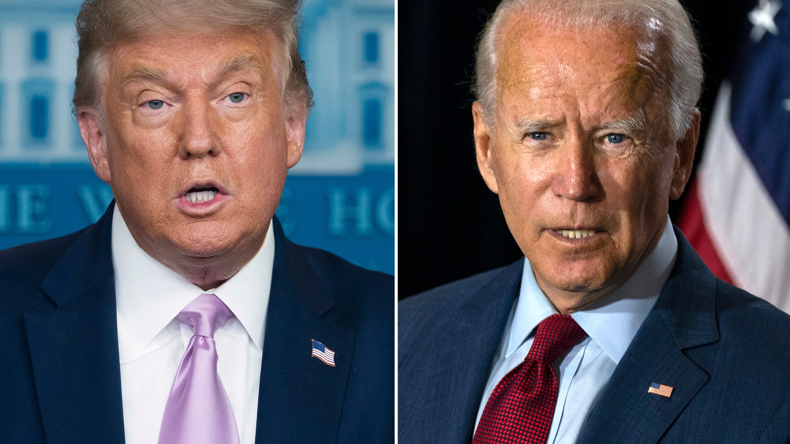 President Donald Trump, left, speaks at a news conference on Aug. 11, 2020, in Washington and Democratic presidential candidate former Vice President Joe Biden speaks in Wilmington, Del. on Aug. 13, 2020. (AP Photo)