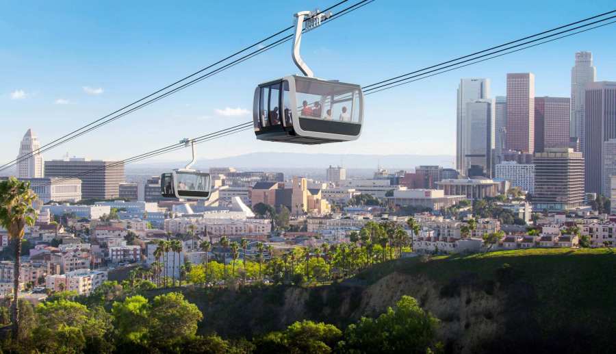 The proposed aerial rapid transit gondola system from Union Station to Dodgers Stadium is seen in a mockup provided by Metro.