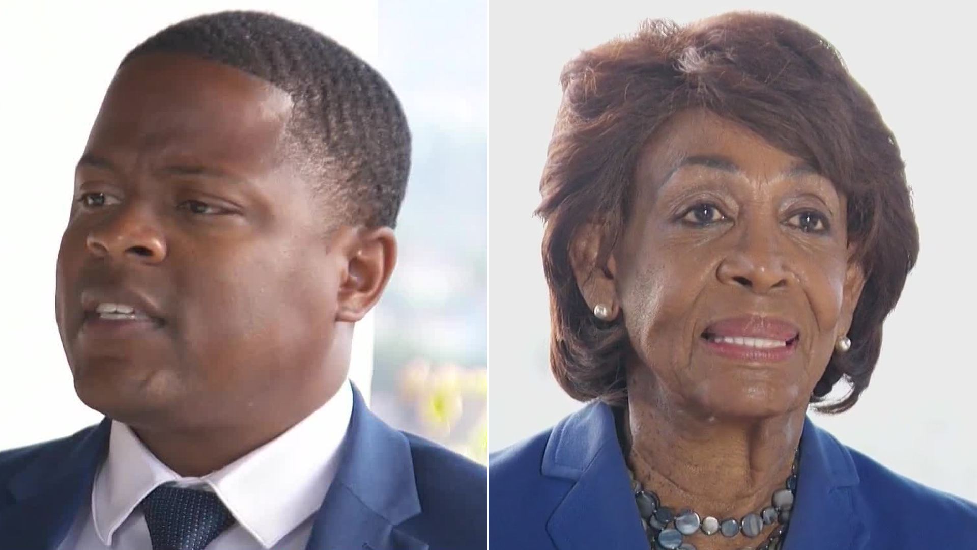 Joe Collins and Maxine Waters are seen during interviews with KTLA in October 2020.