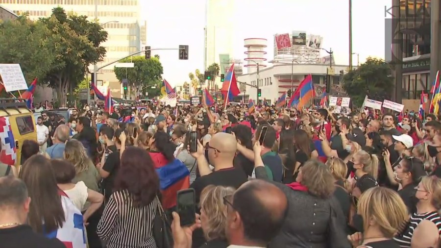 Armenian Americans and their allies gather in Hollywood on Oct. 3, 2020, to call for media coverage of the clashes in Nagorno-Karabakh. (KTLA)