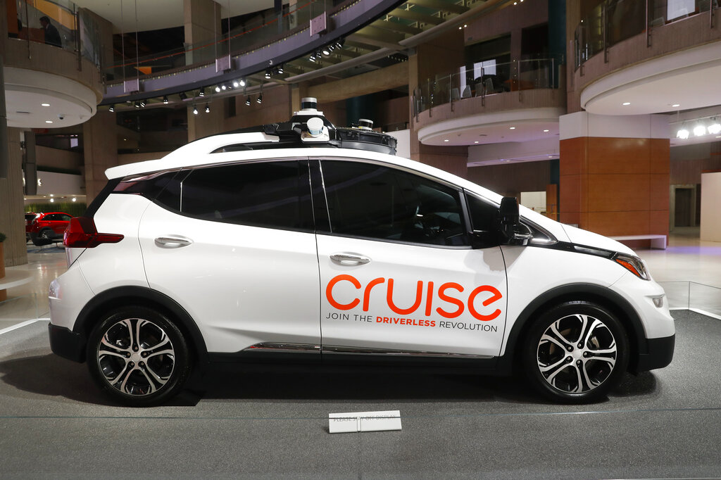 In this Jan. 16, 2019, file photo, Cruise AV, General Motor's autonomous electric Bolt EV is displayed in Detroit. (AP Photo/Paul Sancya, File)