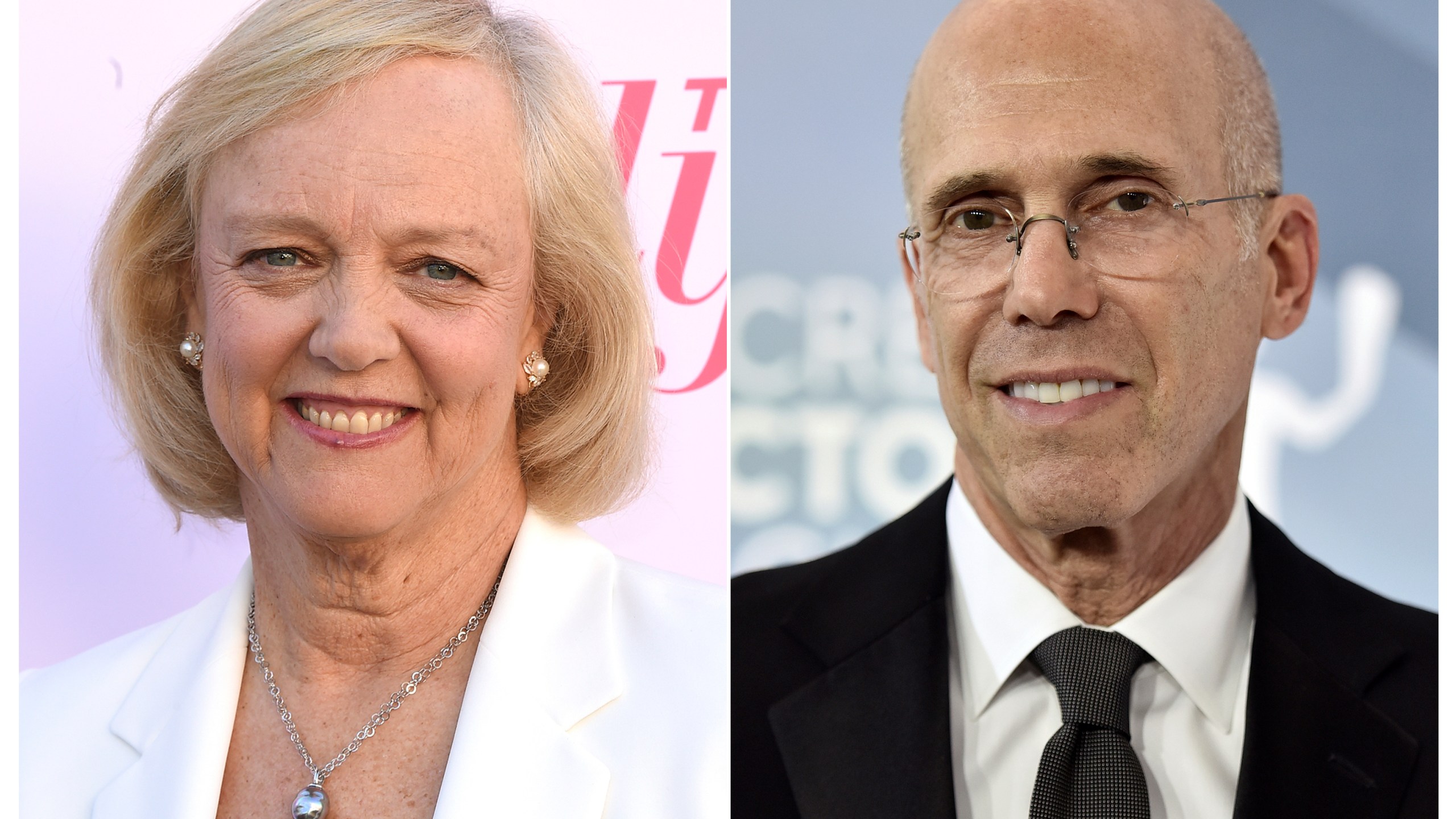 This combination photo shows Meg Whitman at The Hollywood Reporter's Women in Entertainment Breakfast Gala in Los Angeles on Dec. 11, 2019, and Jeffrey Katzenberg at the 26th annual Screen Actors Guild Awards in Los Angeles on Jan. 19, 2020. (Associated Press)