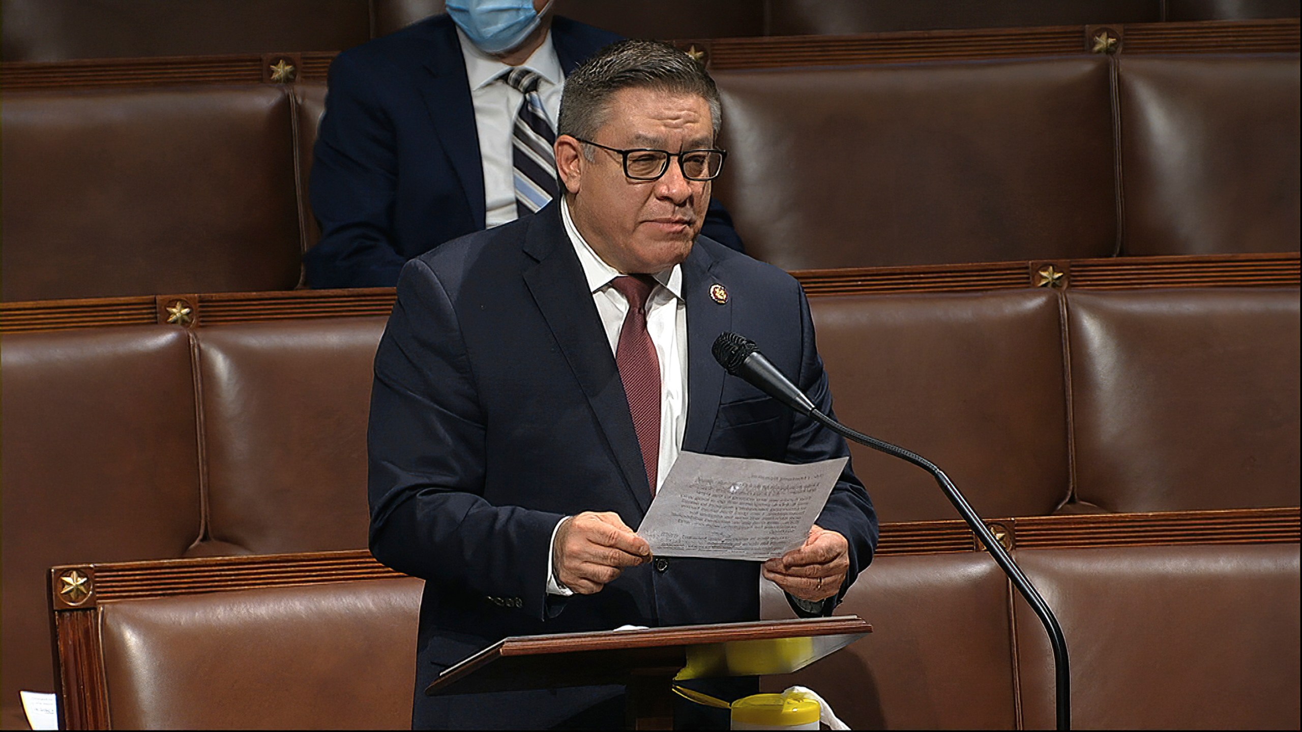 In this image from video, Rep. Salud Carbajal, D-Calif., speaks on the floor of the House of Representatives on April 23, 2020. (House Television via Associated Press)