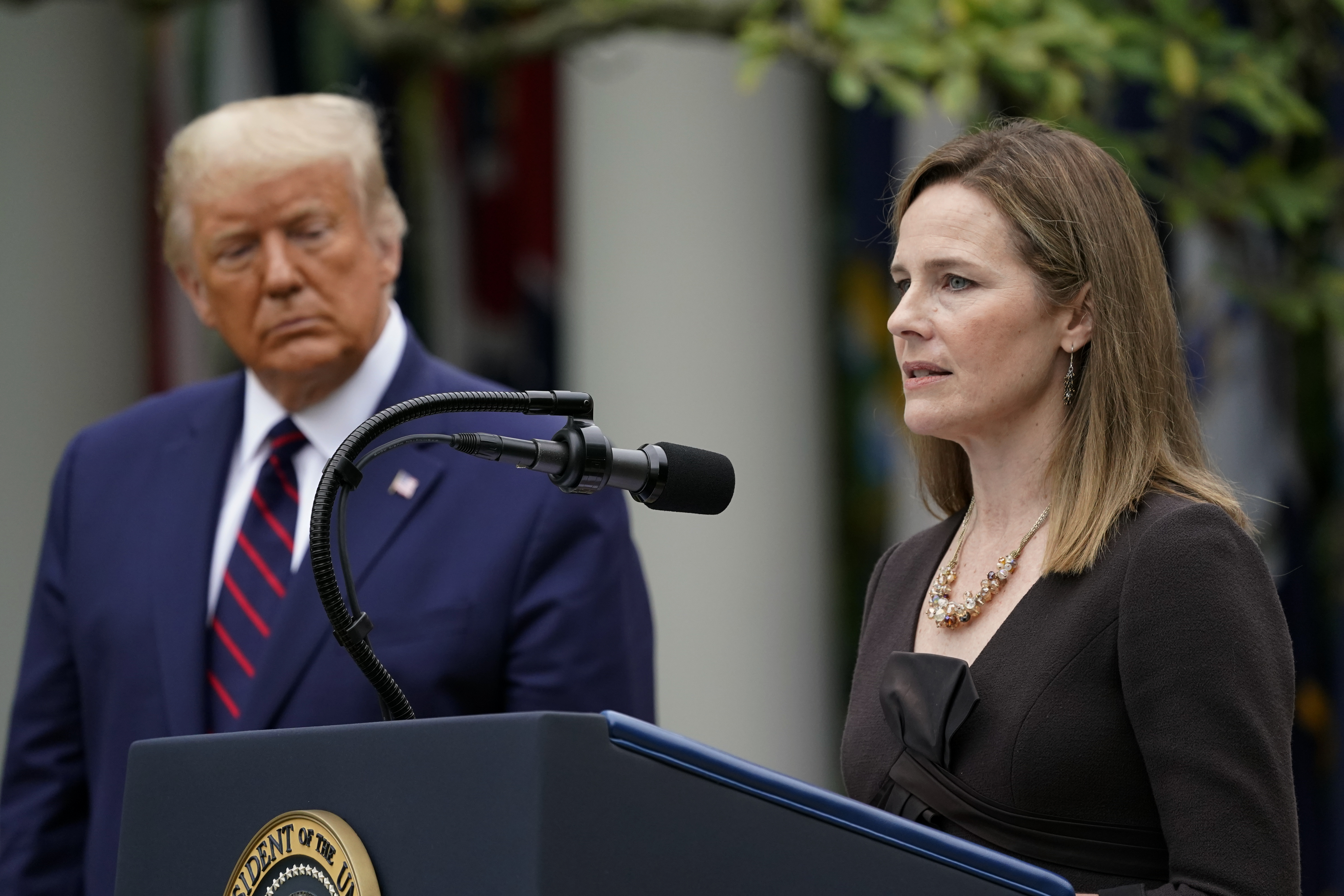 Judge Amy Coney Barrett speaks after President Donald Trump announced her as his nominee to the Supreme Court in the Rose Garden on Sept. 26, 2020. (Alex Brandon/Associated Press)