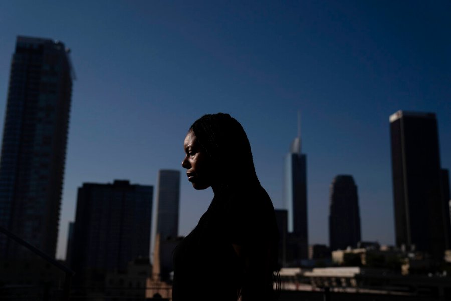 Efuru Flowers, a co-founder of Black Women Rally for Action, poses for photos Monday, Sept. 28, 2020, in Los Angeles. (AP Photo/Jae C. Hong)