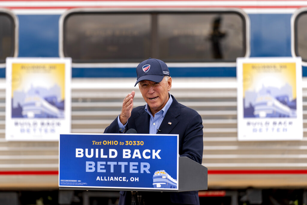 Democratic presidential candidate former Vice President Joe Biden speaks at Amtrak's Alliance Train Station, Wednesday, Sept. 30, 2020, in Alliance, Ohio. Biden is on a train tour through Ohio and Pennsylvania today. (AP Photo/Andrew Harnik)