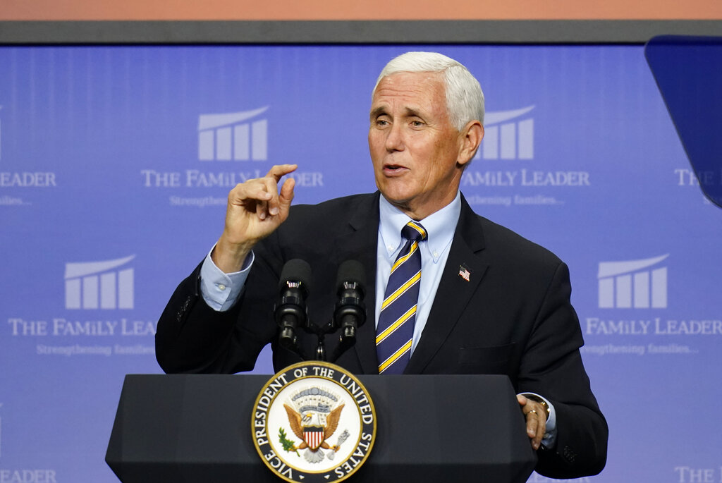 Vice President Mike Pence speaks at an event hosted by The Family Leader Foundation Thursday, Oct. 1, 2020, in Des Moines, Iowa. (AP Photo/Charlie Neibergall)