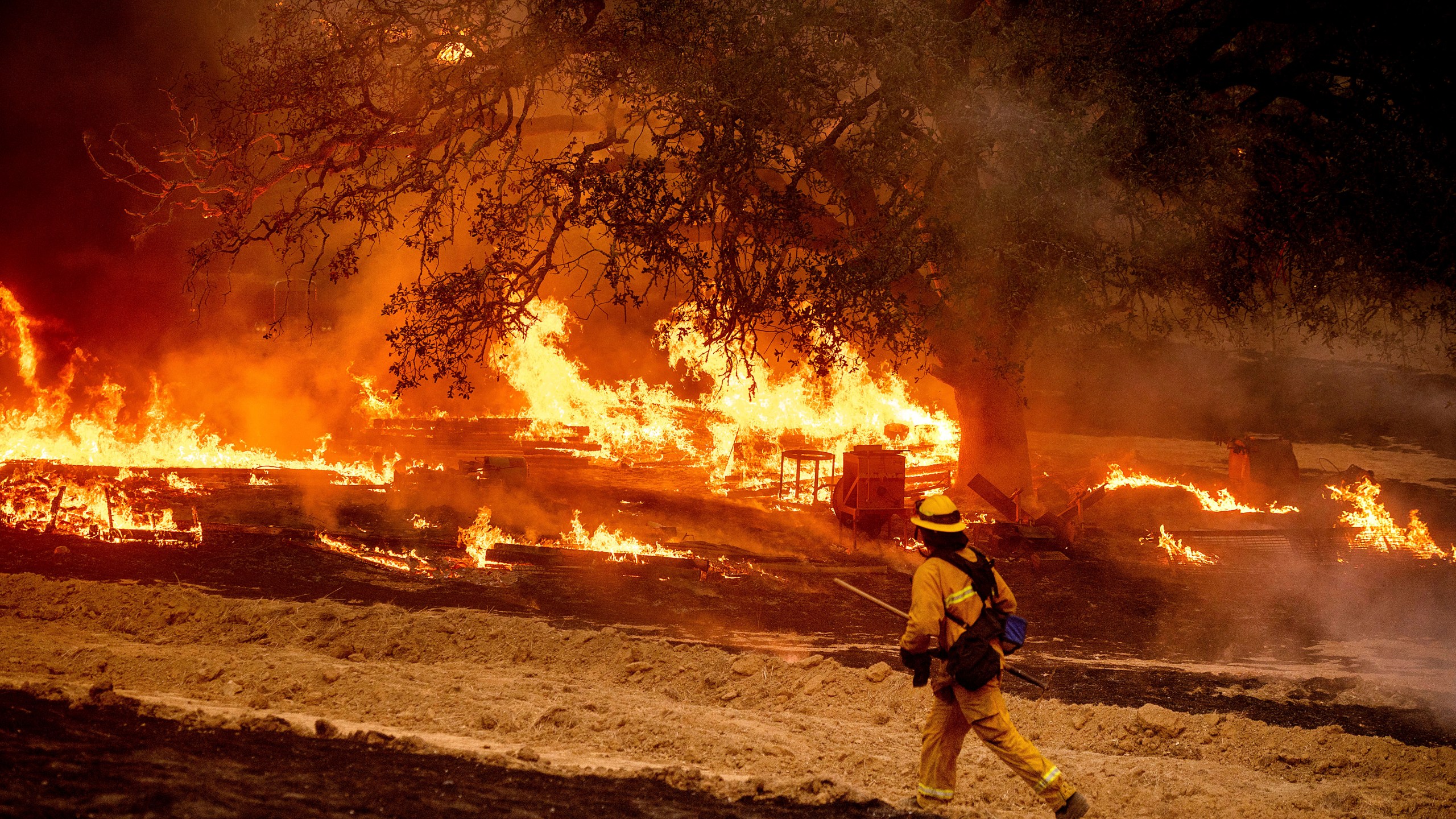 A firefighter passes flames while battling the Glass Fire in a Calistoga, Calif., vineyard Thursday, Oct. 1, 2020. (AP Photo/Noah Berger)