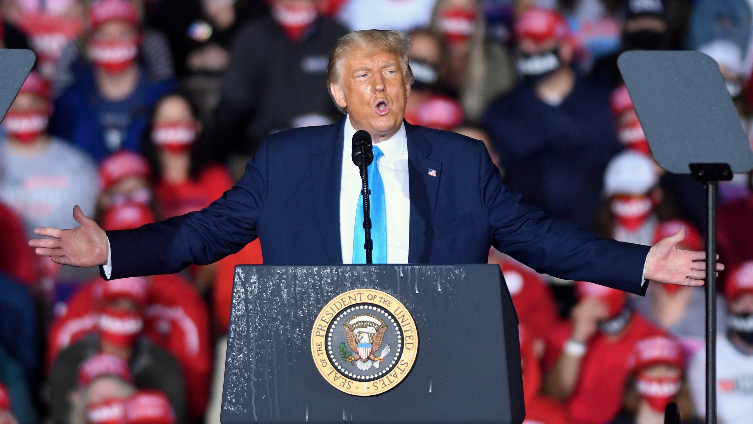 In this Sept. 26, 2020, file photo, President Donald Trump speaks during a campaign rally at Harrisburg International Airport in Middletown, Pa. President Trump and first lady Melania Trump have tested positive for the coronavirus, the president tweeted early Friday. (AP Photo/Steve Ruark, File)