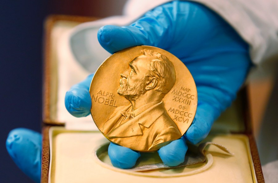 In this April 17, 2015, file photo, a national library employee shows a gold Nobel Prize medal in Bogota, Colombia. (AP Photo/Fernando Vergara, File)