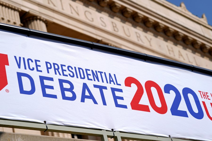 Preparations take place for the vice presidential debate outside Kingsbury Hall at the University of Utah, Monday, Oct. 5, 2020, in Salt Lake City. (AP Photo/Patrick Semansky)