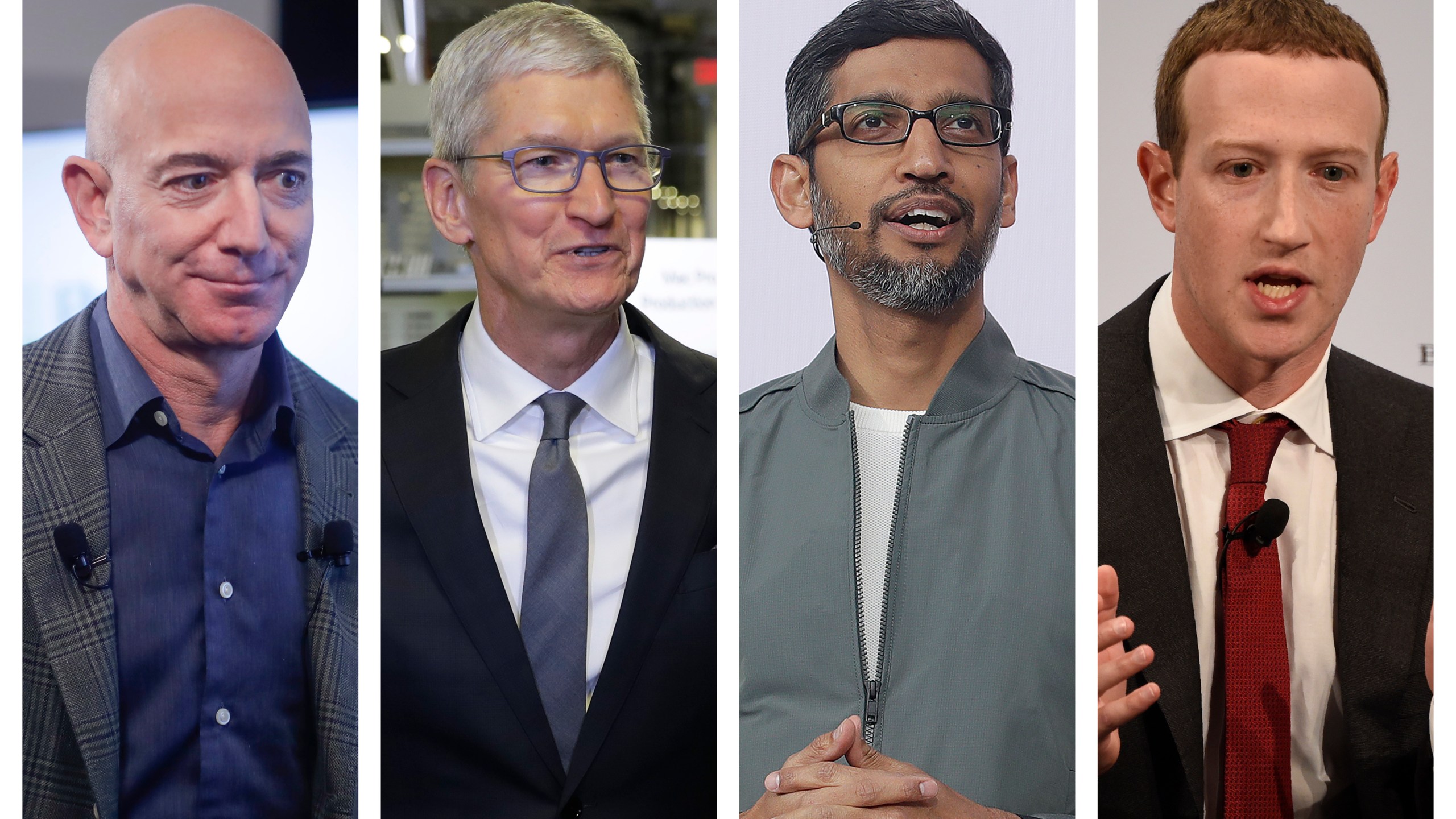 This file combination of 2019-2020 photos shows Amazon CEO Jeff Bezos, Apple CEO Tim Cook, Google CEO Sundar Pichai and Facebook CEO Mark Zuckerberg. (AP Photo/Pablo Martinez Monsivais, Evan Vucci, Jeff Chiu, Jens Meyer)