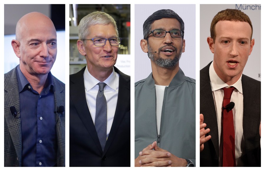 This file combination of 2019-2020 photos shows Amazon CEO Jeff Bezos, Apple CEO Tim Cook, Google CEO Sundar Pichai and Facebook CEO Mark Zuckerberg. (AP Photo/Pablo Martinez Monsivais, Evan Vucci, Jeff Chiu, Jens Meyer)