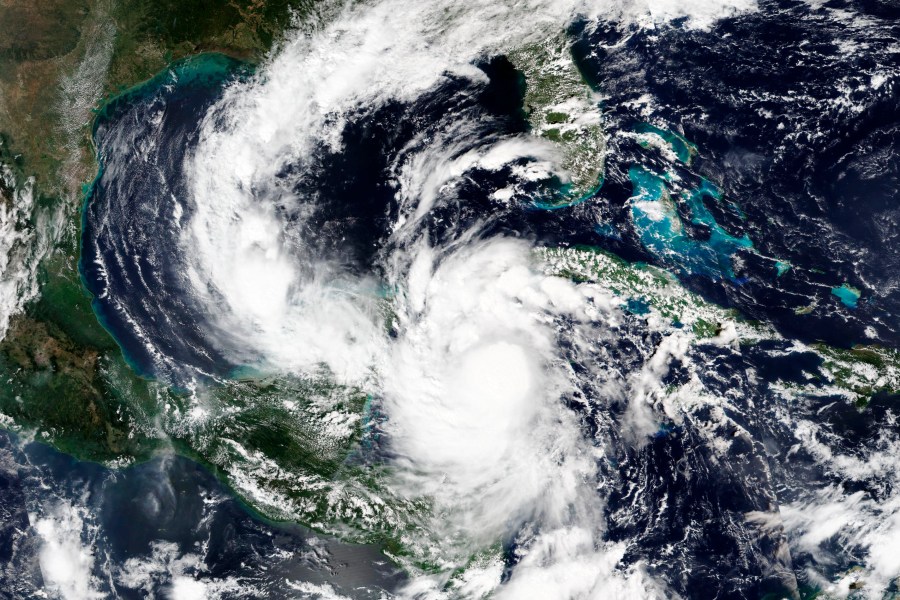 A satellite image from Oct. 6, 2020, released by NASA shows a strengthening Hurricane Delta. (NASA via AP)