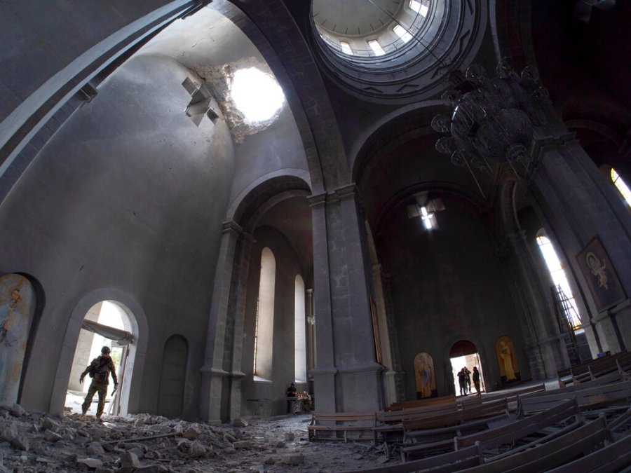 A hole made by shell in the roof of the Holy Savior Cathedral during a military conflict, in Shushi, outside Stepanakert, self-proclaimed Republic of Nagorno-Karabakh on Oct. 8, 2020. (AP Photo)