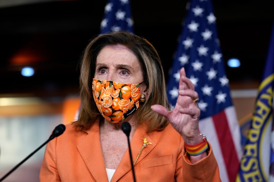 Speaker of the House Nancy Pelosi, D-Calif., meets with reporters at the Capitol in Washington, Thursday, Oct. 8, 2020. (AP Photo/J. Scott Applewhite)