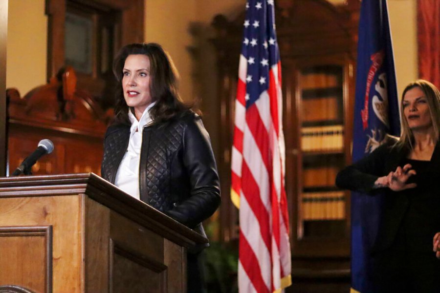 In a photo provided by the Michigan Office of the Governor, Michigan Gov. Gretchen Whitmer addresses the state during a speech in Lansing, Mich., Thursday, Oct. 8, 2020. (Michigan Office of the Governor via AP)