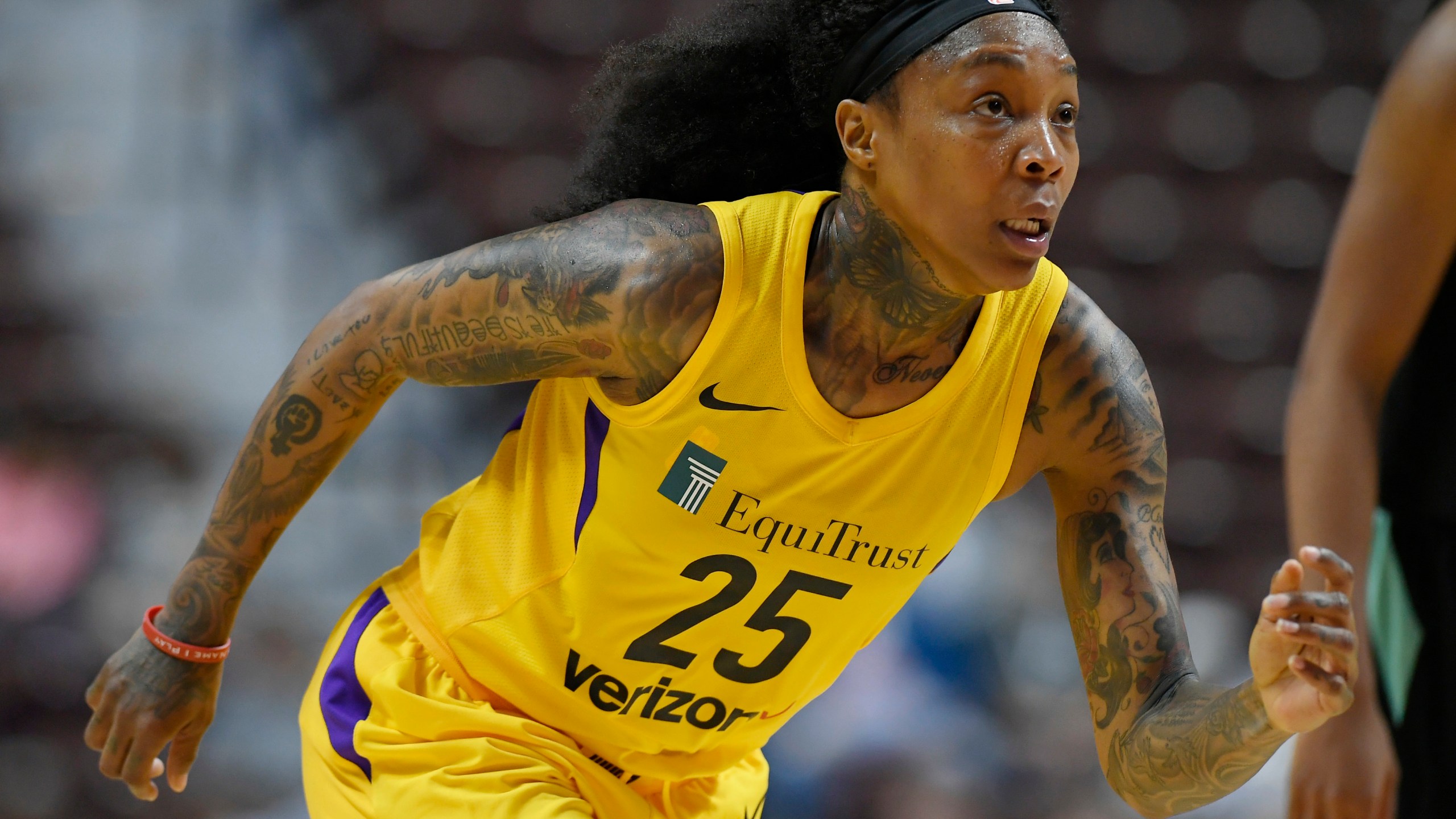 In this May 8, 2018, file photo, Los Angeles Sparks' Cappie Pondexter plays during a preseason basketball game in Uncasville, Conn. (AP Photo/Jessica Hill, File)