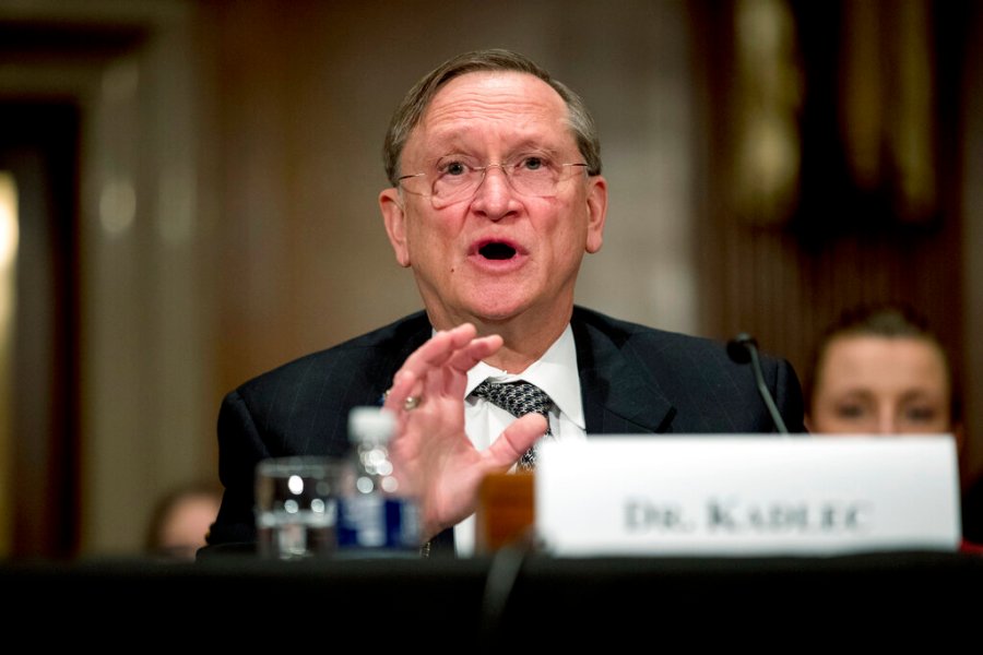 In this March 3, 2020 file photo, Health and Human Services Assistant Secretary for Preparedness and Response Dr. Robert Kadlec testifies before a Senate Education, Labor and Pensions Committee hearing on the coronavirus on Capitol Hill in Washington. (AP Photo/Andrew Harnik)