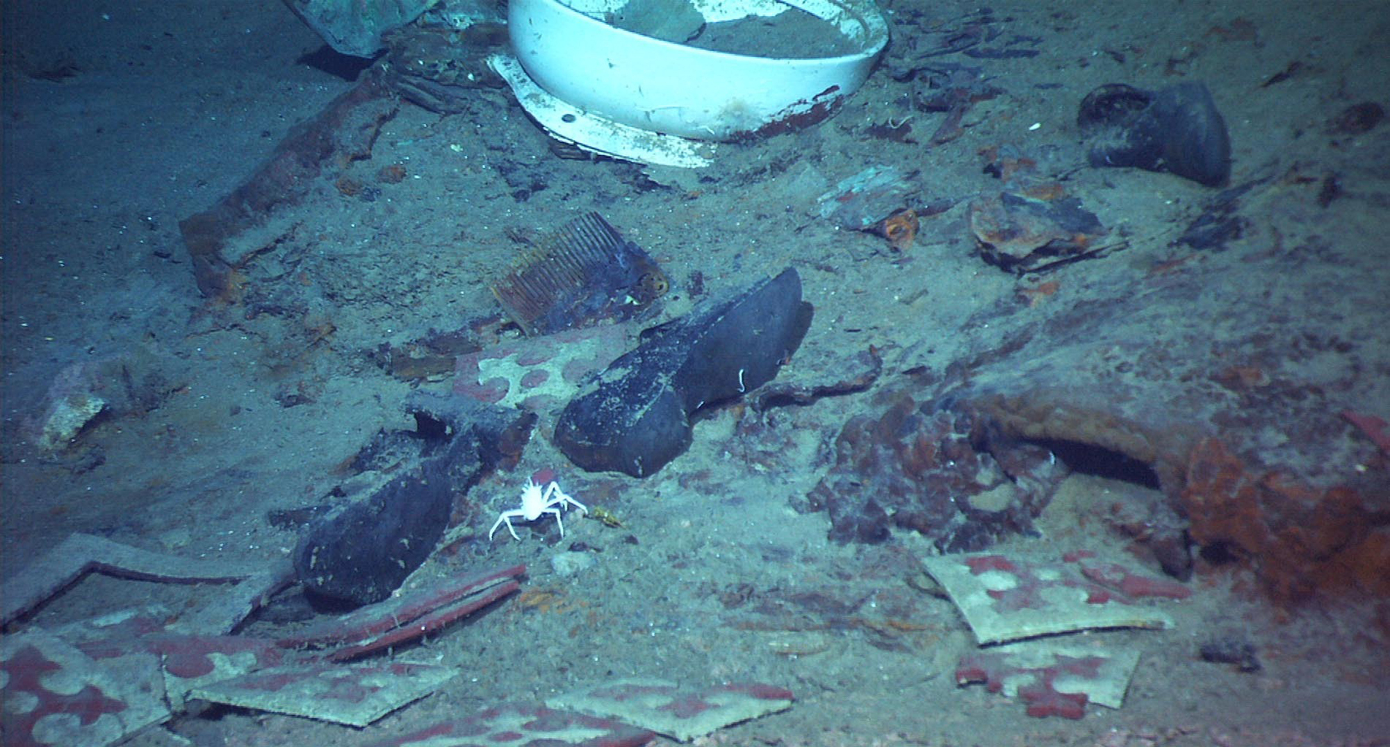 This 2004 image provided by the University of Rhode Island's Institute for Exploration and Center for Archaeological Oceanography and the National Oceanic and Atmospheric Administration's Office of Ocean Exploration shows the shoes of one of the possible victims of the Titanic disaster. (Institute for Exploration and Center for Archaeological Oceanography/University of Rhode Island/NOAA Office of Ocean Exploration via AP)