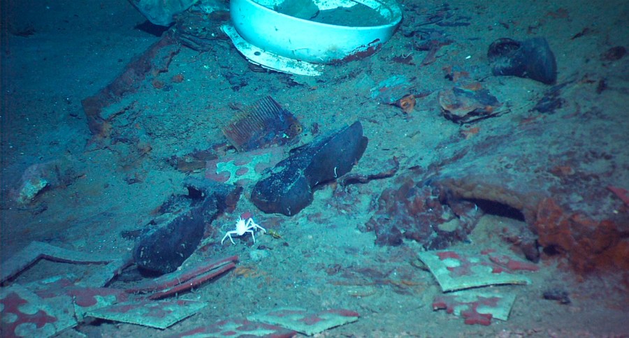 This 2004 image provided by the University of Rhode Island's Institute for Exploration and Center for Archaeological Oceanography and the National Oceanic and Atmospheric Administration's Office of Ocean Exploration shows the shoes of one of the possible victims of the Titanic disaster. (Institute for Exploration and Center for Archaeological Oceanography/University of Rhode Island/NOAA Office of Ocean Exploration via AP)